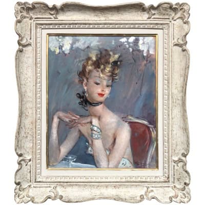 DOMERGUE Jean Gabriel Peinture XXè Jeune femme pensive Huile sur Isorel Signée Archives Willer